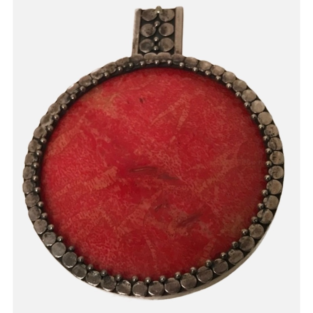 Sterling Silver 925 Red Coral Pendant Large Statement Indonesia Bali Round